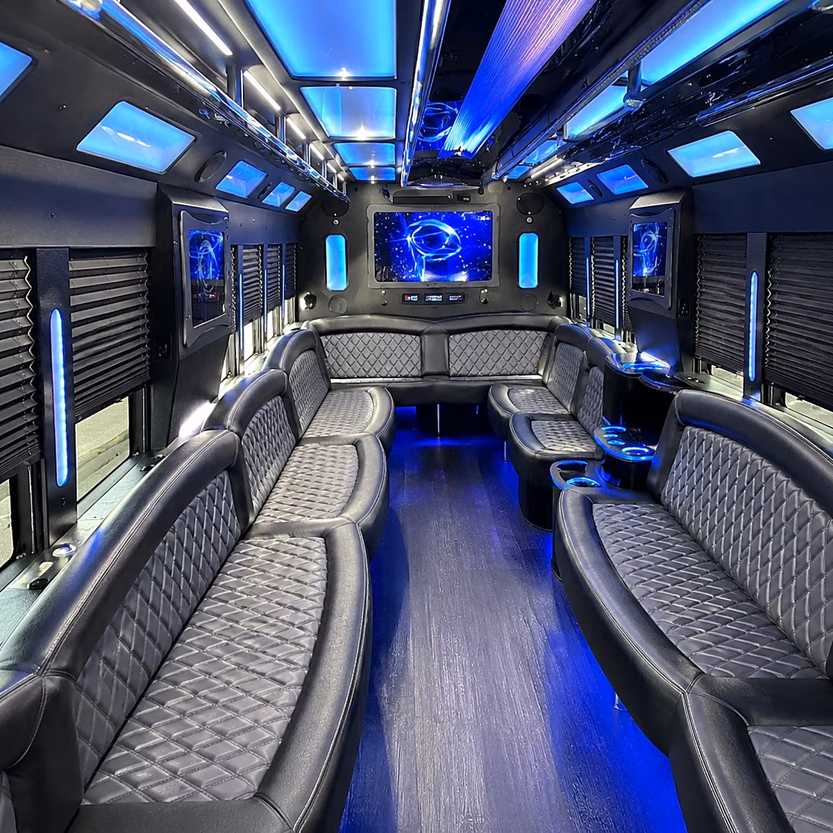 Wedding guests seated inside a party bus serving San Francisco