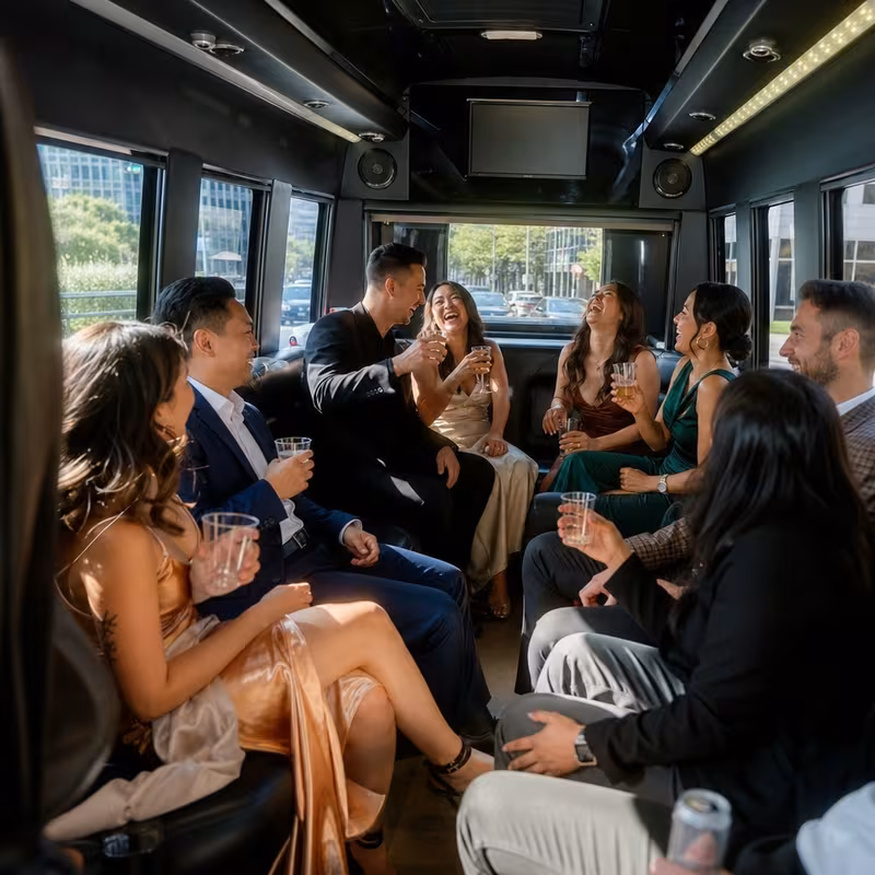Party bus interior with wraparound leather seating and LED lighting in San Francisco