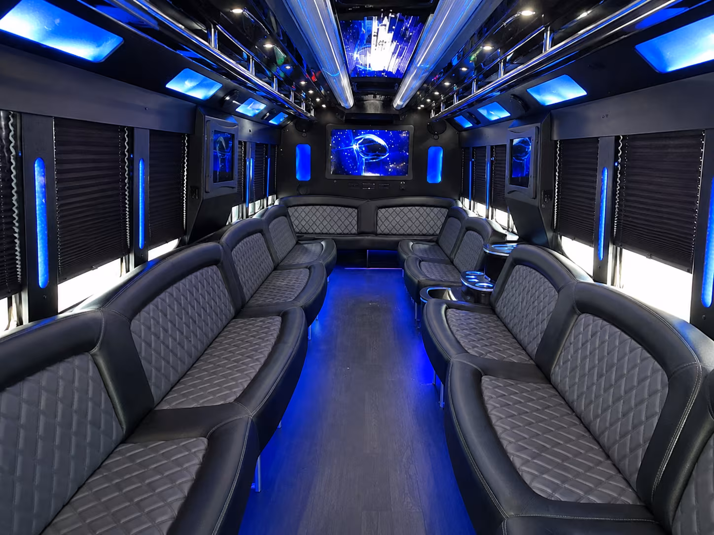 Passenger seating aboard a party bus rental serving San Francisco