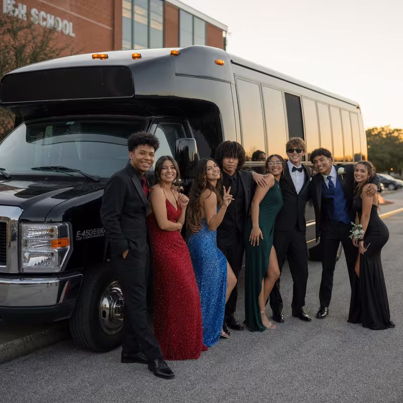 Group boarding a white charter bus for Prom & Homecoming Transportation transportation in San Francisco