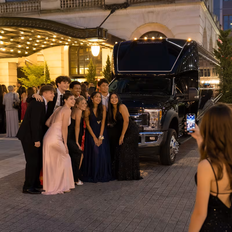 Party bus interior with wraparound leather seating and LED lighting in San Francisco