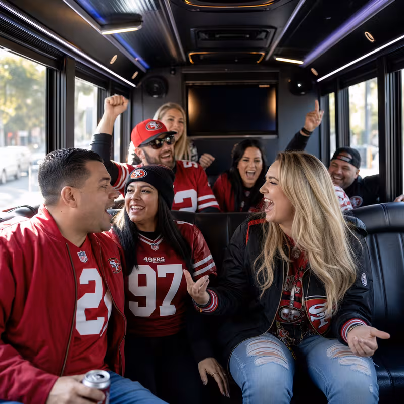 Group boarding a white charter bus for Sporting Event Transportation transportation in San Francisco
