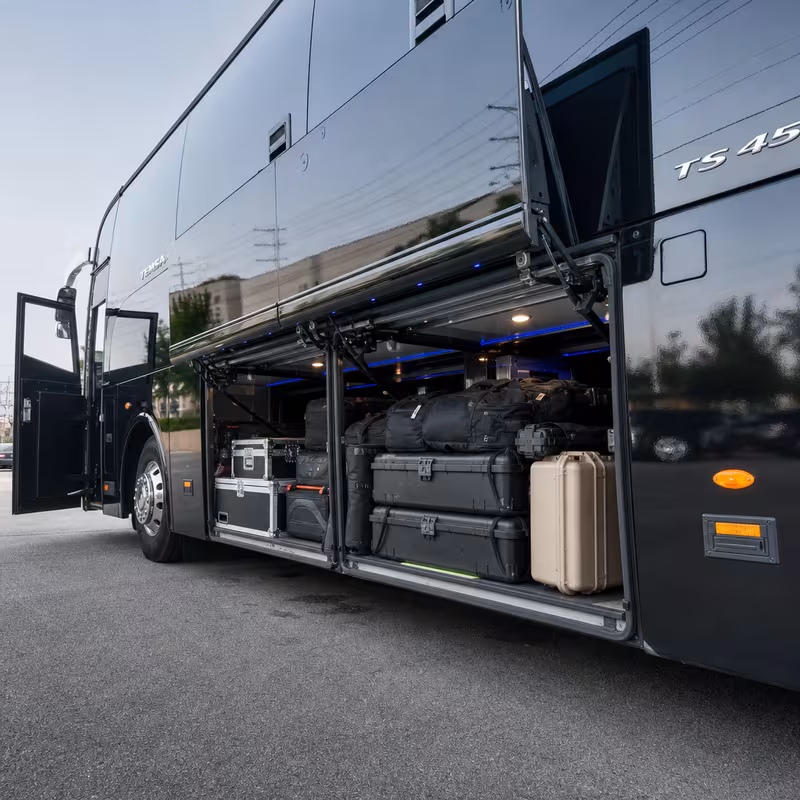 Party bus interior with wraparound leather seating and LED lighting in San Francisco